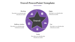 A star shaped core inside a segmented purple circle, each representing different travel types with matching icons.