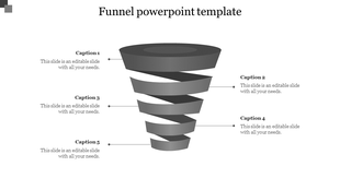 Black spiral funnel diagram with five segmented layers, each connected to a caption placeholder with lines on both sides.