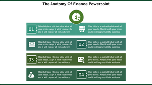 Finance themed PowerPoint slide with a central dollar icon and four rows highlighting financial concepts and steps.