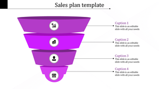 Sales funnel diagram with four purple layers, each containing an icon representing analytics, finance, personnel, and sales.