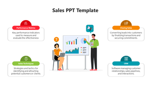 Central illustration with two people presenting charts, surrounded by colorful text sections in red, green, orange, and blue.