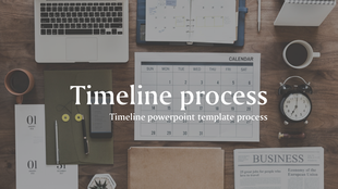 Flat lay of a workspace featuring a laptop, calendar, planner, clock, and coffee cup with timeline process text overlay.