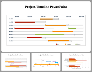 Slide deck showcasing project timeline visuals, including gantt charts with color coded tasks in red, orange, and green.