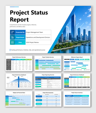 Project status report template showcasing progress tracking, timelines, milestones, budgets, risks, and performance metrics.