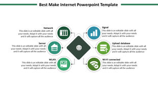 Circular diagram showcasing elements of an internet system from network to Wi Fi with color coded icons with text area.