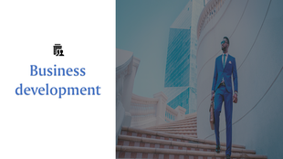 Business development slide with text on the left and a background of a man in formal attire near a curved modern building.