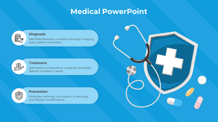Medical slide with a stethoscope and a shield icon, featuring three sections for diagnosis, treatment, and prevention.