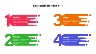 Business plan PowerPoint slide showing four steps Business, Process, Target, and Growth, each represented by colorful icons.