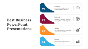 Slide with four vertical sections labeled business, process, target, and growth, each with icons and descriptions.