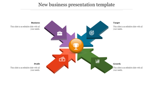 Colorful arrows converging towards a central orange trophy icon, representing business, target, profit, and growth.