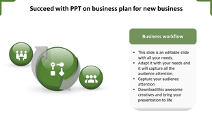 Business workflow diagram with circular icons, including team collaboration and flowchart steps, and caption areas.