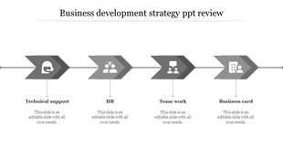 Business development strategy slide featuring a timeline with steps from technical support to business card with icons.