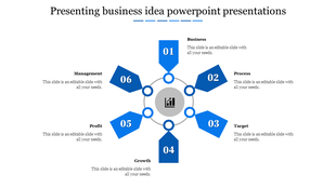 Business concept chart with six outward pointing arrow shapes around a icon, each labeled with a step and caption text.