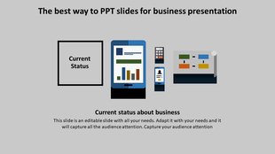 Business presentation template showing current status with devices and charts with placeholder text.