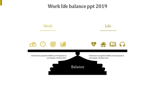 Work-life balance scale illustration with gold icons representing productivity and personal well-being.