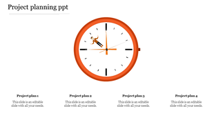 Illustration of a clock with orange frame with a person inside, and four project plan sections at the bottom.
