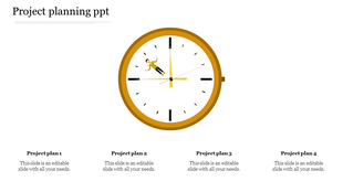 Project planning infographic featuring a yellow rimmed clock with black markers and a small figure integrated into the hands.