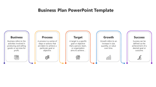 Business plan PowerPoint template highlighting key areas from business to success, with corresponding icons.