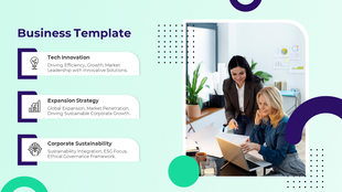 Business slide with a teal background featuring icons and text boxes, and an image of two women collaborating on a laptop.