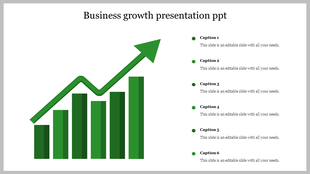 Visual representation of business growth with an upward-trending arrow across green bars, paired with six placeholders text.