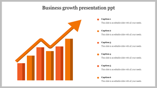 Slide displaying an orange business growth chart with upward trends and caption areas.