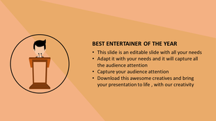 Slide with an illustration of a speaker at a podium in a circular frame, set against a peach background with text.