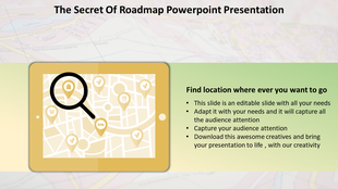 Roadmap PowerPoint template featuring a tablet with a map and location pins showing various points of interest.