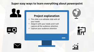 Project explanation slide displayed on a blue screen with six black icons for communication, analytics, and tools.