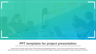 Blurred image of people in a meeting room with a presenter, overlaid with a blue green gradient and text at the bottom.