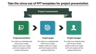 Project presentation slide showing three steps project involvement, project target, and project manager with icons.