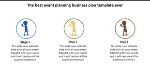 Event planning template showing three stages with stick figure icons in blue, yellow, and brown circular shapes.