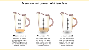 Measurement template featuring three measuring jugs with varying liquid levels, each labeled with text below.