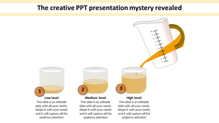 Creative slide with three labeled glasses filled with orange liquid at varying levels, with a measuring jug pouring liquid.