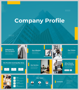 Modern company profile PowerPoint slides showcasing mission, vision, services, team, and contact information.