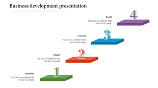 Four step business process with green, red, blue, and purple platforms, featuring numbers and text, ascending diagonally.