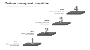 Business development infographic with four ascending gray steps, each numbered and labeled with captions.