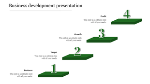 Business development PPT slide with four steps Business, Target, Growth, and Profit, each placed on a separate green platform.