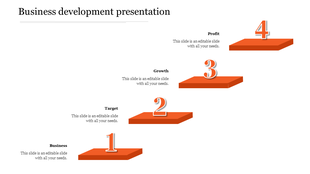 Business development slide with a four step staircase labeled Business, Target, Growth, and Profit with captions.