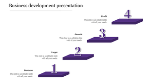 Business development staircase infographic with purple steps, numbered from 1 to 4, illustrating progression stages.