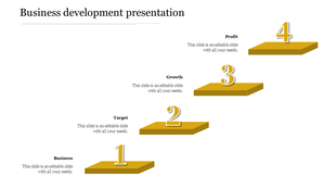 Business development PPT slide with four steps Business, Target, Growth, and Profit, each placed on a separate yellow platform.