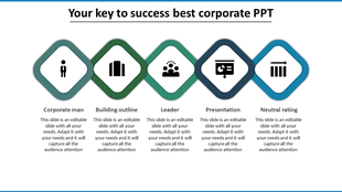 Corporate slide with five diamond-shaped icons for business concepts man, building, leader, presentation, and rating.