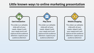 Slide layout featuring a clean design with three icons and description boxes for different online marketing methods.