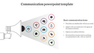 Communication themed template with a hand holding a megaphone projecting colorful circular icons for basic  tools.