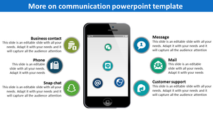 Infographic slides showing various communication icons surrounding a smartphone with placeholder text.