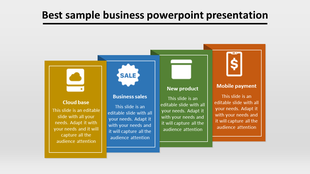Four colorful rectangular boxes in yellow, blue, green, and orange, each representing business categories with icons.