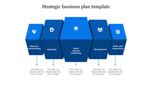 Strategic business plan slide with five connected blue hexagons labeled with business concepts and icons.