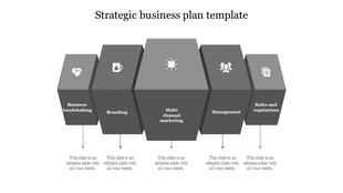 Gray 3D block infographic with five columns, each labeled with a business concept and icon on a white background.