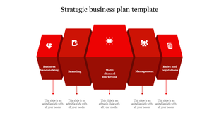 Strategic business infographic with five red 3D hexagonal blocks, each labeled with icons and captions.