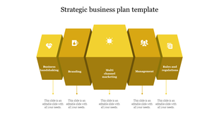 Strategic business plan PPT slide with five yellow stages from business handshaking to rules and regulations with text.