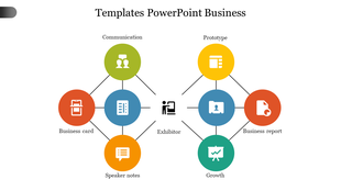 Business template with six circular icons, such as communication, business card, growth, and exhibitor center.